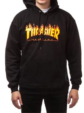 Thrasher (S) Flame Hoodie Black Orange Kangaroo Pocket Logo Skateboard